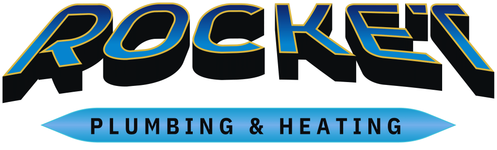 Big blue and black letters that spell out rocket plumbing and heating